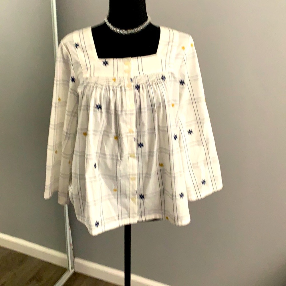 Embroidered Windowpane Square-Neck Button-Down Top - image 1